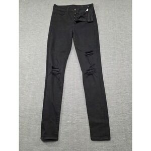 American Eagle Black Button Fly High Rise Ripped Skinny Jean Women Size 6 X-Long